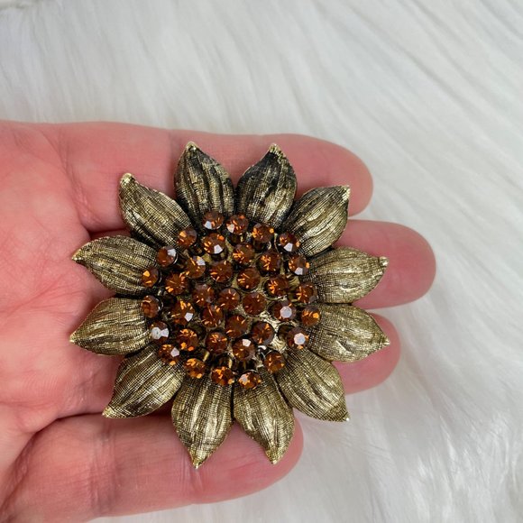 RJ Graziano Brooch Vintage 80s 90s Sunflower Swarovski Crystal - Picture 3 of 4